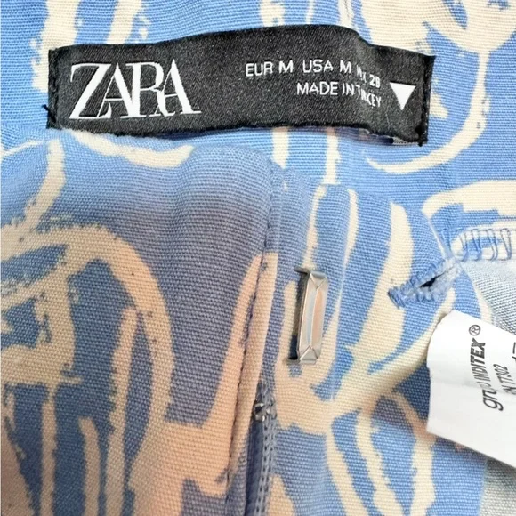 Zara Sky Blue Pants with Cream Floral Pattern size medium wide leg flowy pants - Picture 5 of 6